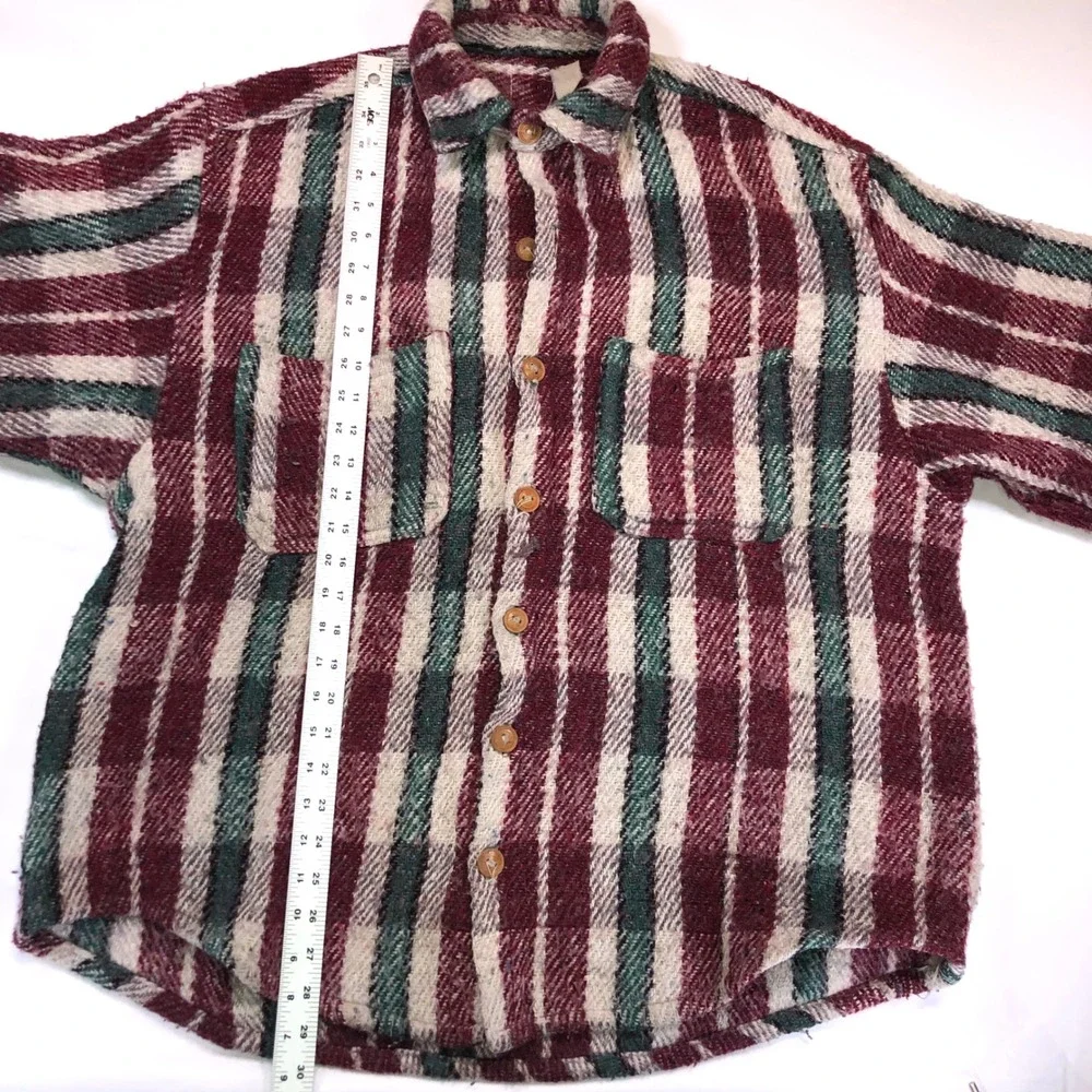 Vintage 100% Wool Striped Shirt Jacket Burgundy Green Woven Ecuador Mens XL
